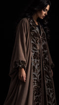 Brown Botanical Panel Abaya, full-length portrait