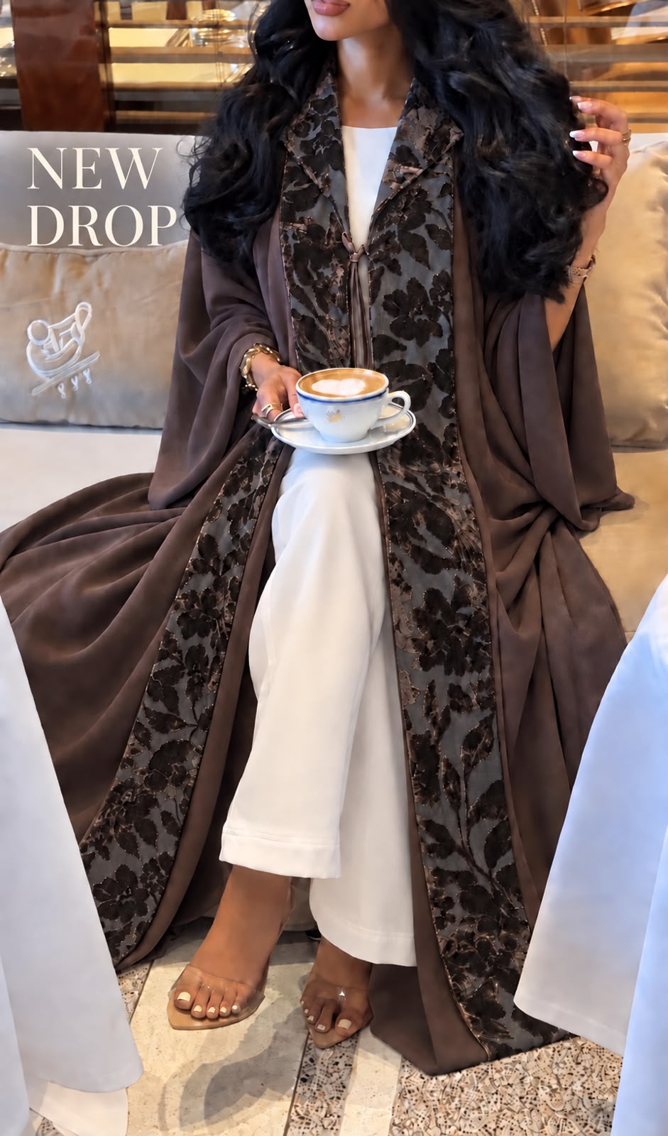 Brown Botanical Panel Abaya lifestyle view