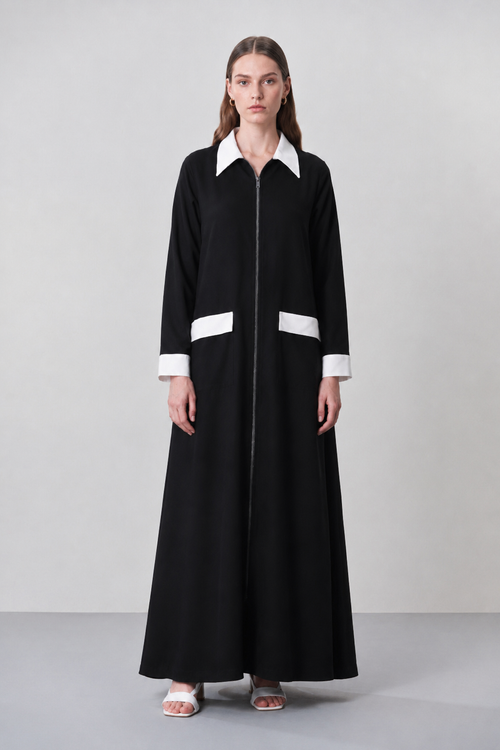 Black and White Collar Abaya — view 1