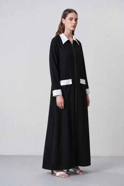 Black and White Collar Abaya — view 2