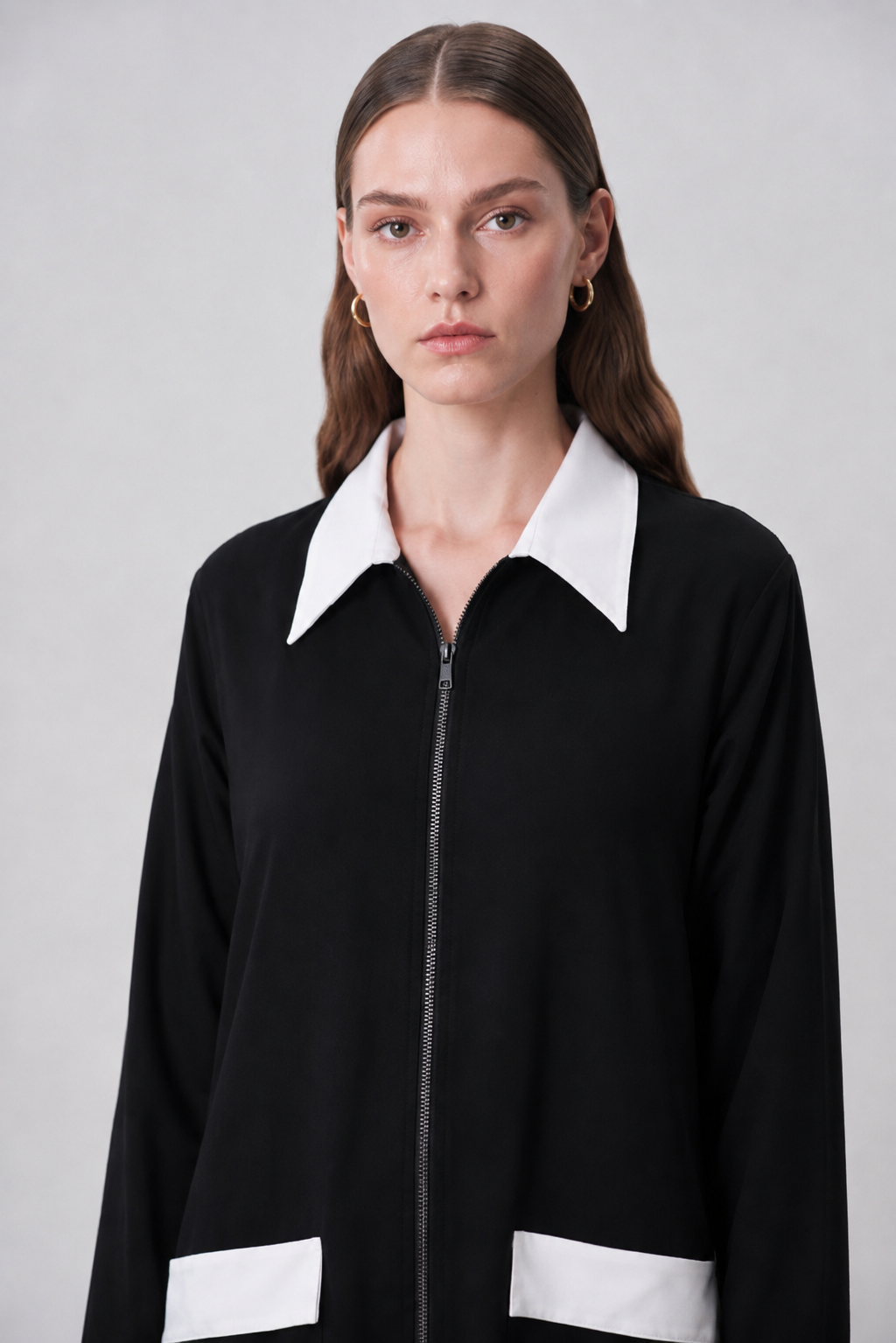Black and White Collar Abaya — view 4