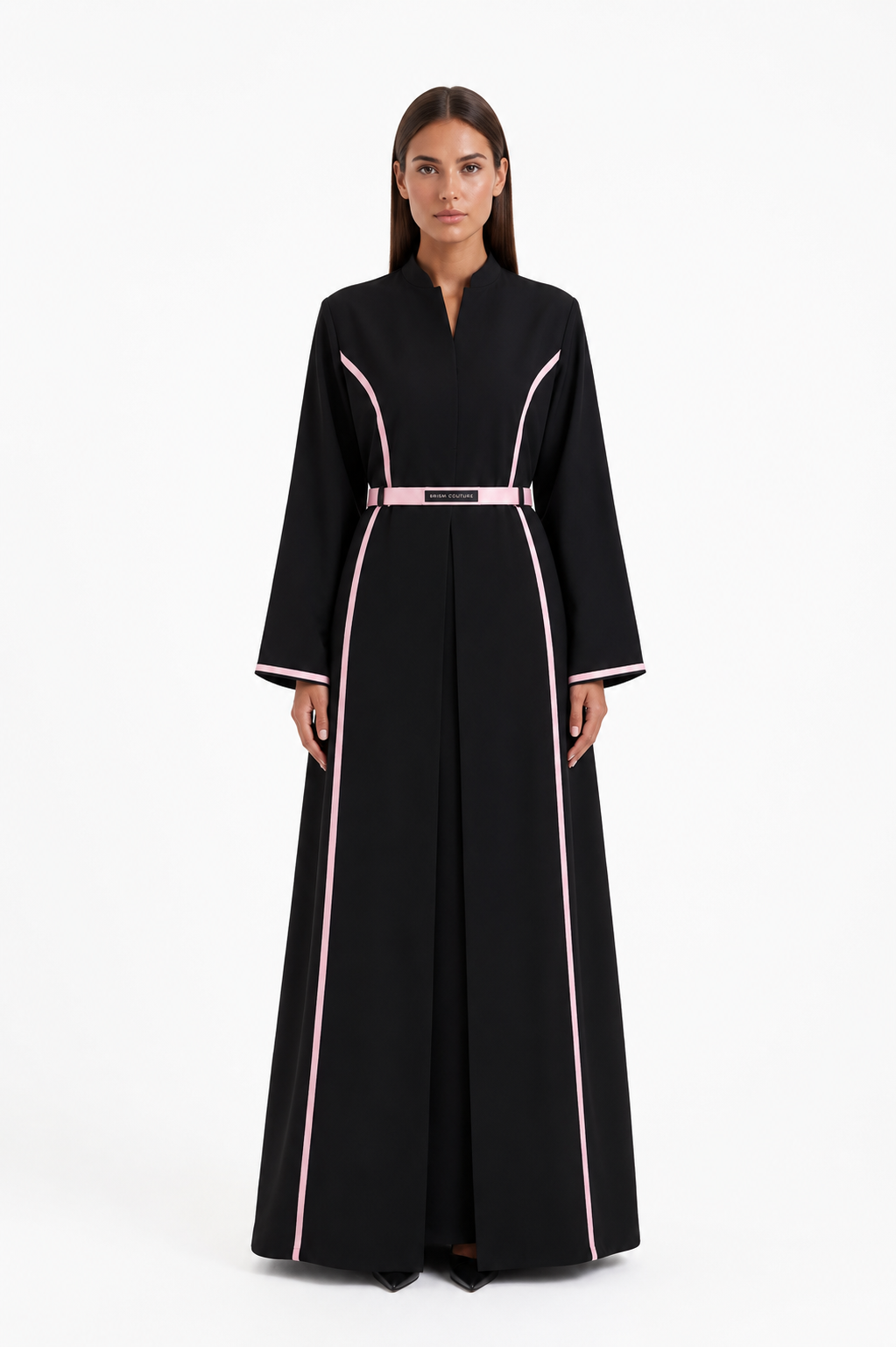 Contrast Piping Belt Abaya — Pink trim, view 1