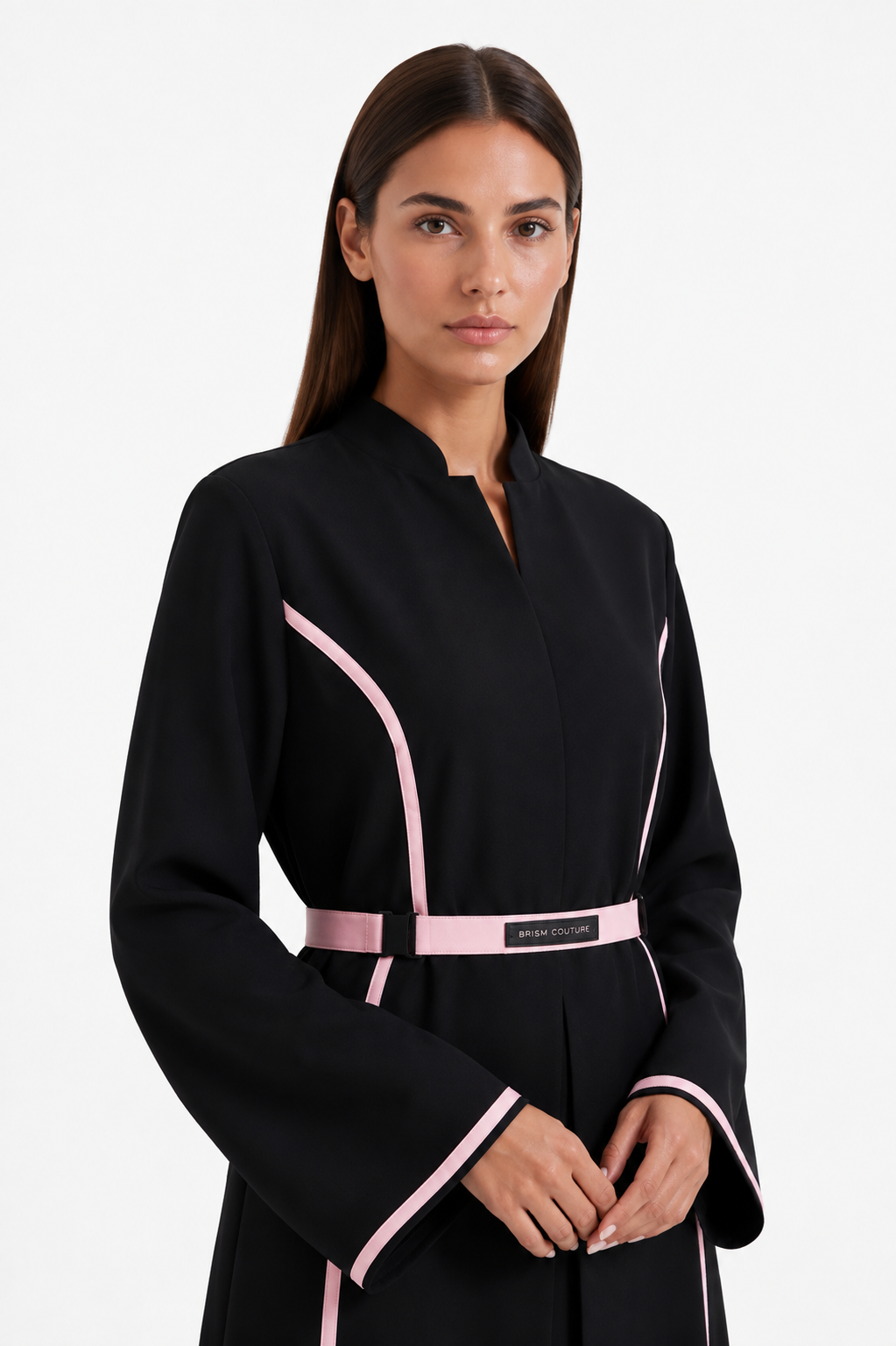 Contrast Piping Belt Abaya — Pink trim, view 2